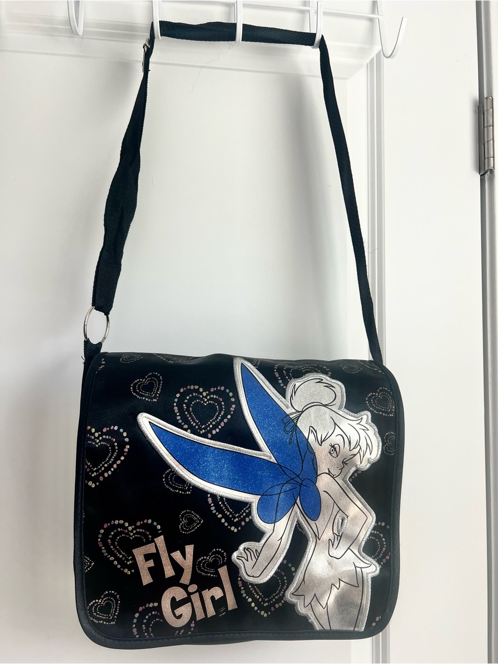 Disney Fly Girl Black Shoulder Bag with Blue Tinker Bell Wings-Like New